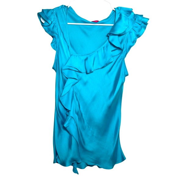 SUNNY LEIGH Blue Aquamarine Ruffled Silky Pullover Blouse Size L NWOT - Picture 2 of 8